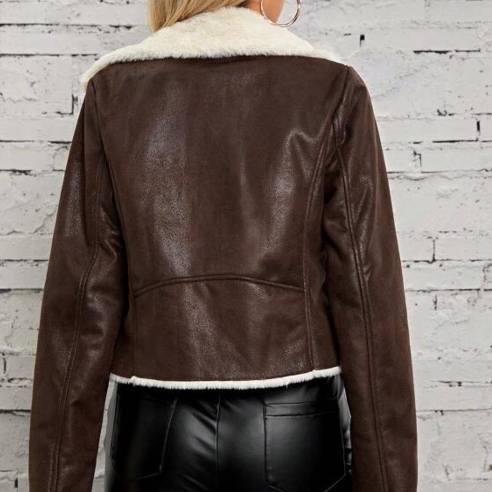 Luxe Vegan Leather Shearling Lined Moto Biker Jacket - Picture 4 of 4